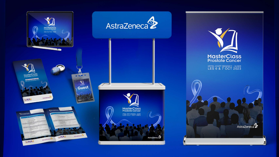 MasterClass event mockups — counter, roll-up, badges and print